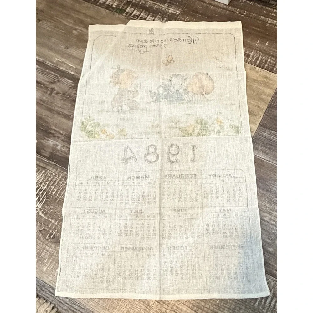 Vintage 1984 Gindl Linen Calendar Tea Towel Psalm 23:2 Children Lamb